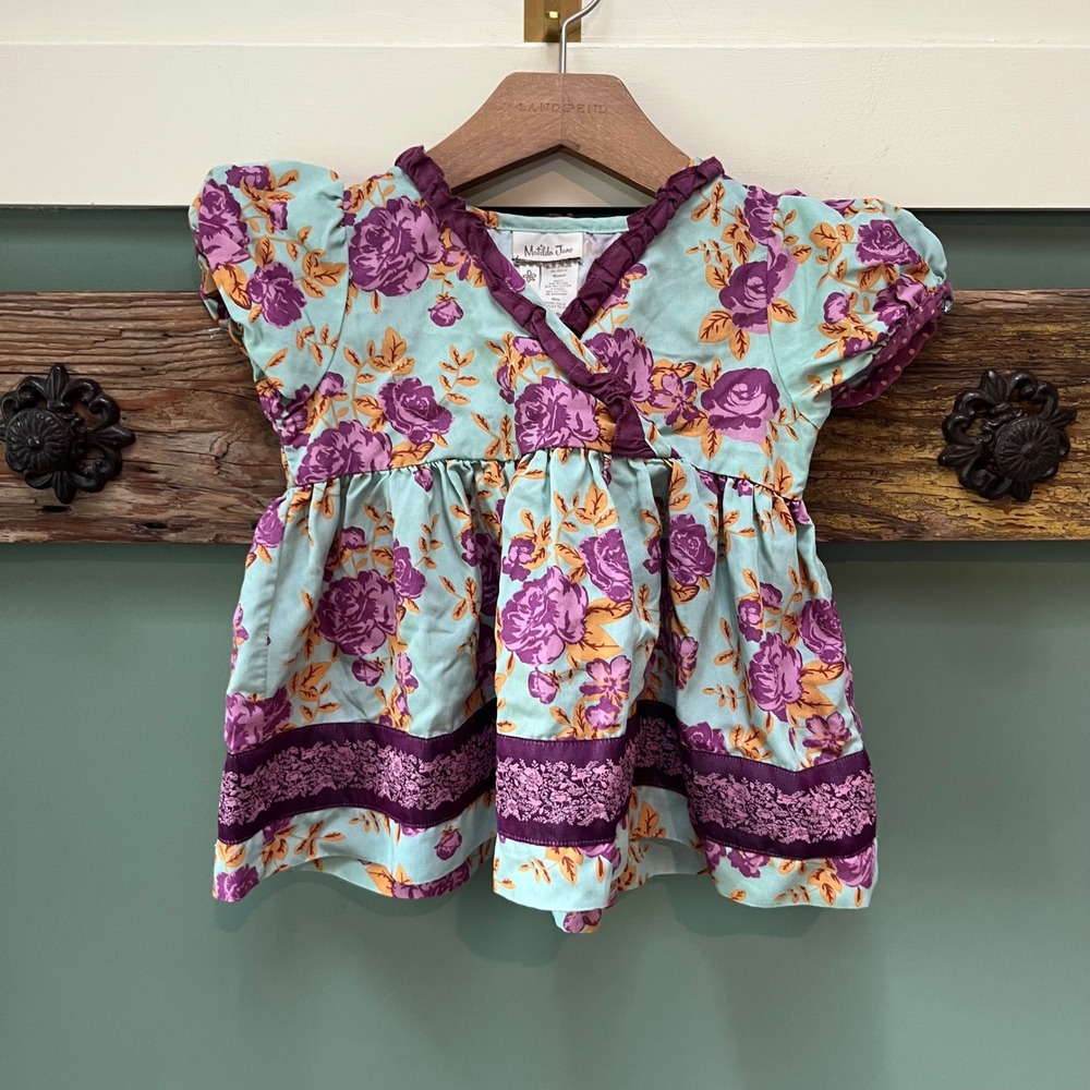 Matilda Jane Girls Teal Purple Floral Ruffle Wrap Dress Size 2 Toddler